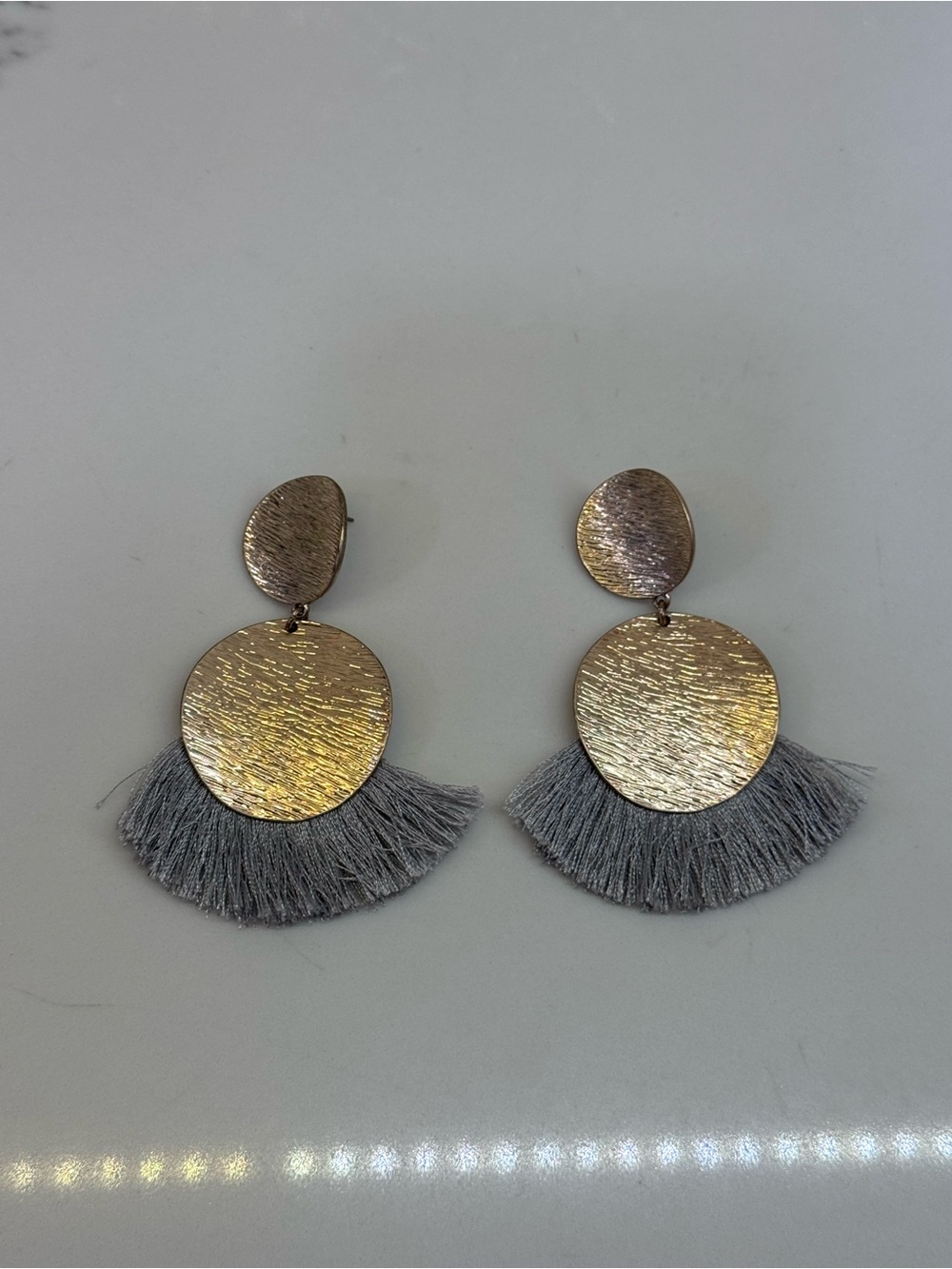 Gold Disc and Gray Fringe Drop Earrings